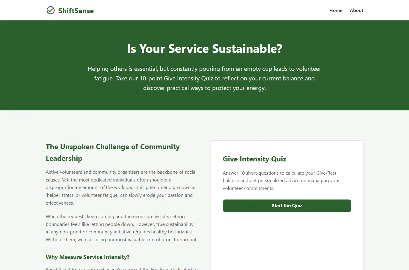 Screenshot of ShiftSense | Give Intensity Quiz interface showing the project page in use